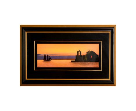 Title: Golden Arrival (Small). Serigraph print on paper. Depicts a serene gold and purple sunset over the Mediterranean sea w