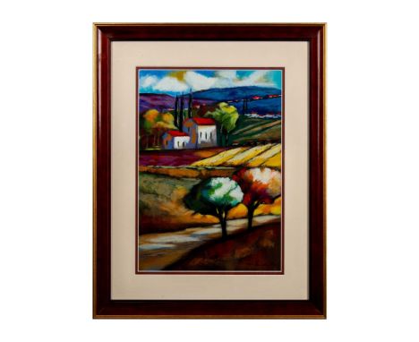 Serigraph on paper depicting a vivid post-impressionist style Tuscan landscape with a large white house in the distance. Whit