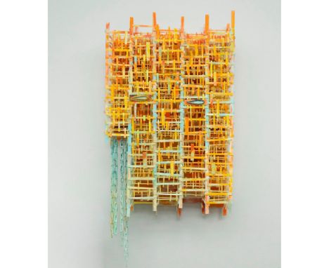 Titled: African Mask. Imposing wall hanging glass sculpture made with sandblasted and oil painted glass pieces bonded togethe