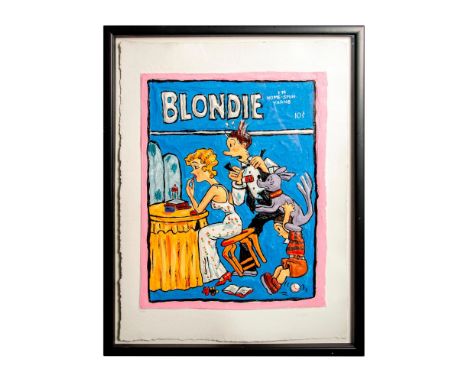 First cast proof on paper of "Hurry Up" that shows flapper girl Blondie putting on lipstick as Dagwood is rapidly tying his b