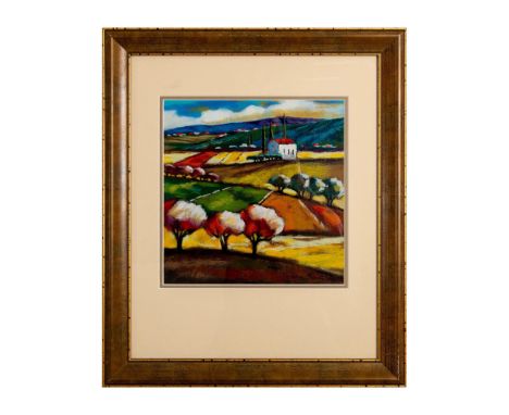 Serigraph on paper depicting a vivid Tuscan countryside landscape with a large white house in the distance. Signed by artist 