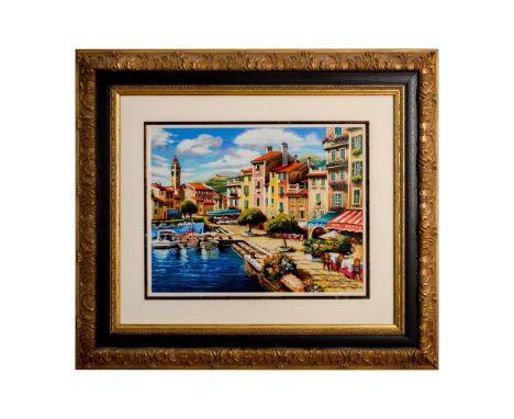 Title: The Simple Life. Framed serigraph on paper with white paper mat and gold trim. Image depicts a splendid Mediterranean 