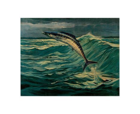 Print on canvas depicting a wahoo leaping out of the ocean waves on a cloudy day. Artist signature printed on the lower right