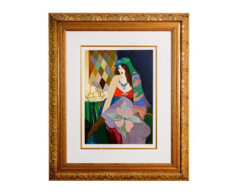 Title: Silent Moment. Serigraph print on paper by Postwar artist Itzchak Tarkay. Post-impressionist style print featuring a w