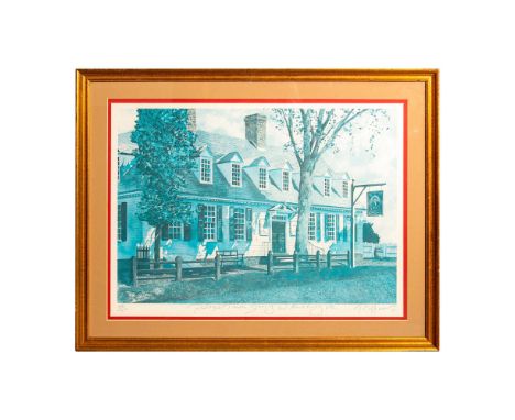 Large format of a limited edition offset lithograph print of Raleigh Tavern, Williamsburg, during the Springtime with shades 