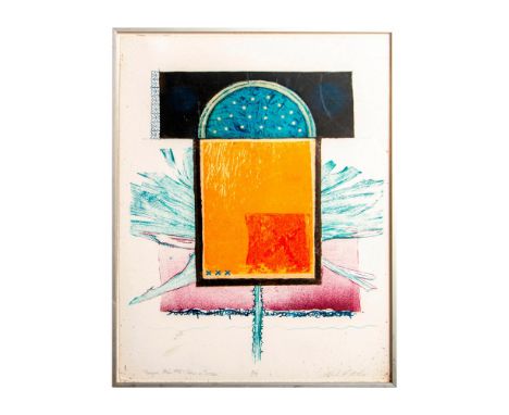 This lithograph depicts an arch window with golden stars on a blue ceiling and orange wall placed on top of an abstracted cro