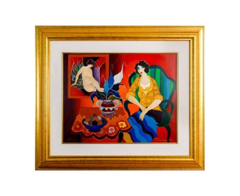 Title: Tranquility. Serigraph print on paper by Postwar artist Itzchak Tarkay. Colorful print with rich saturated colors depi