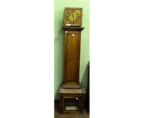 An oak chiming longcase clock, brass dial with later inscription Jon Ogden Bowbridge, chiming on gong rods