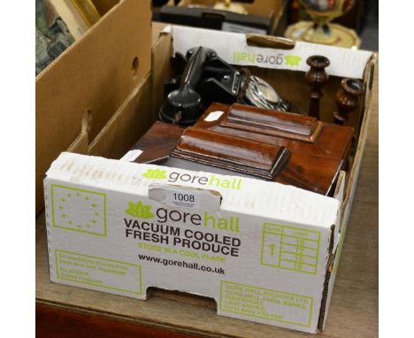 Two Victorian mahogany tea caddies; a Vintage GPO telephone; and a pair of turned wood candlesticks 