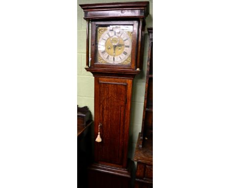 An oak eight day longcase clock, square brass dial with silver chapter ring signed Andr Dunlop, London, later case