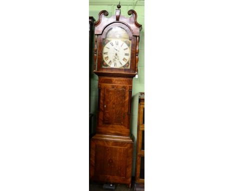 An oak and mahogany thirty hour longcase clock, painted arched dial signed Thos Snow, Bradford 