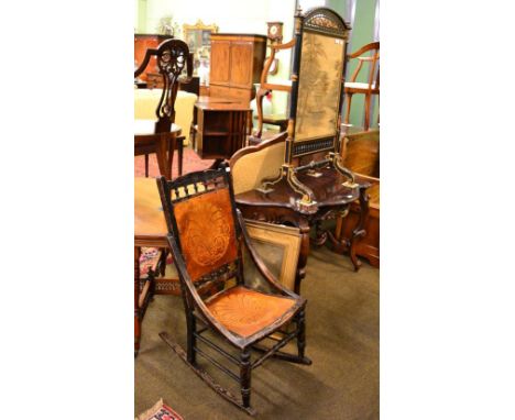 A Victorian ebonised fire screen with Japanese silk panel, a Bentwood seated rocking chair and a pair of prints 