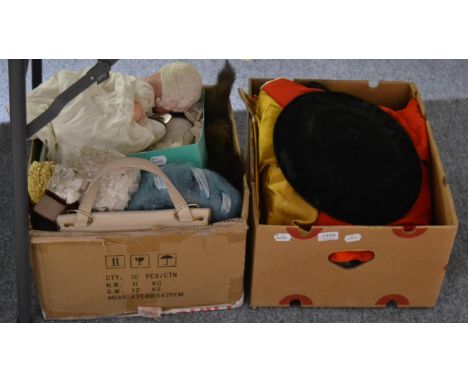 Assorted costume accessories including, a University red wool robe with cream silk lining, black velvet cap; ladies and gents