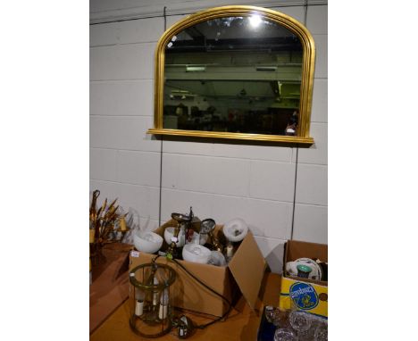 A Laura Ashley brass lantern hanging light fitment, a Venetian style light fitment, a modern overmantel mirror and two furthe