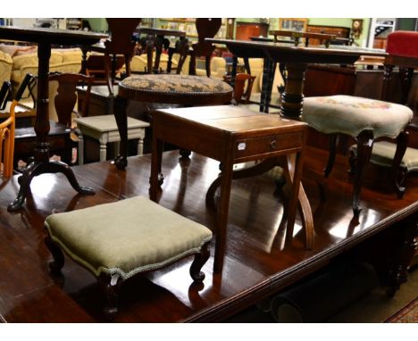 A 19th century mahogany tilt-top occasional table; together with a pair of footstools, another stool, a teapot stand and low 