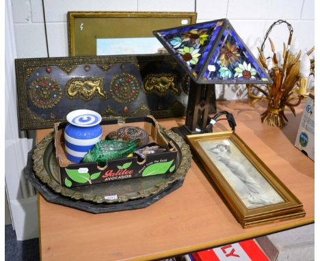 Two copper chargers, modern table lamp, Indian gilt metal mounted panel, two 1920's style prints, a watercolour of Whitby sig