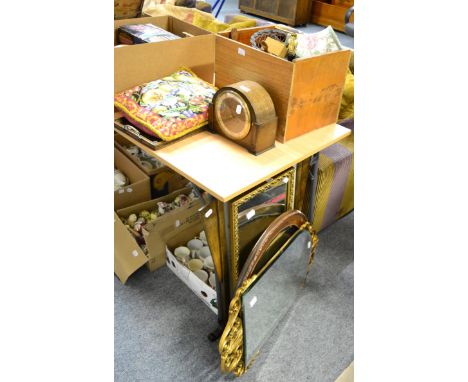 Assorted items to include three mirrors, fire screen, table lamp, mantle clock etc 