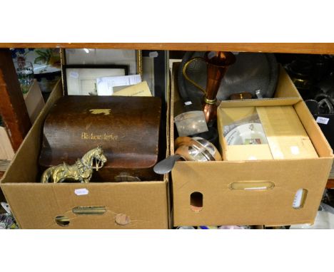 Blickensderfer no.7 typewriter in oak case; assorted copper, brass, pewter and other metalwares; framed etchings and drawings