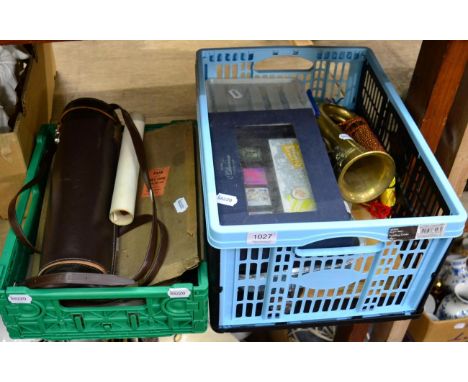 A collection of assorted militaria including a Christmas tin, bugle, scope, cap badges, shoulder badges etc