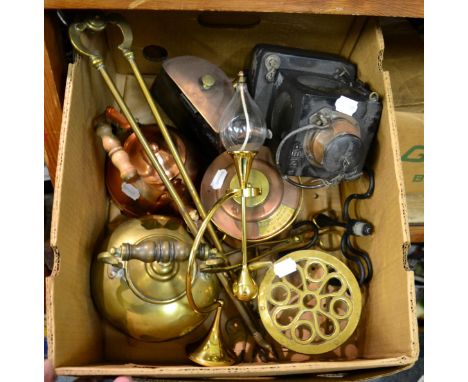 An LNER Welch patent railway lamp, together with assorted brass and copper table lamps etc. 