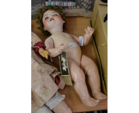 Heubach Koppelsdorf bisque socket head doll, impressed '300.3' with sleeping blue eyes, curly short wig, open mouth, on a ben
