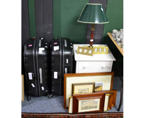 A empire style table lamp, six portrait miniatures of French figures in two frames in mid 19th century style, bedside cabinet