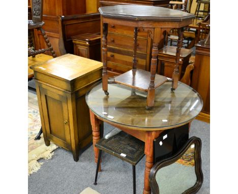 A group of furniture comprising of a 19th century painted cast iron trestle table base with later top, an oak gramophone cabi