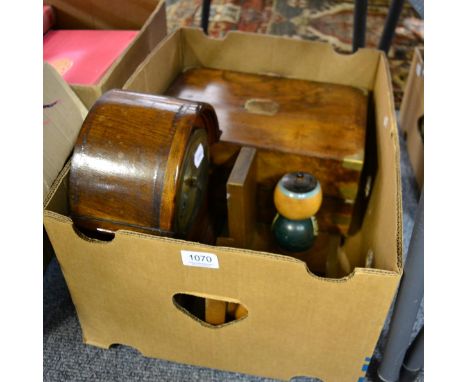 An Edwardian oak mantle clock; a Victorian mahogany writing slope and a pair of Japanese bookends (4)