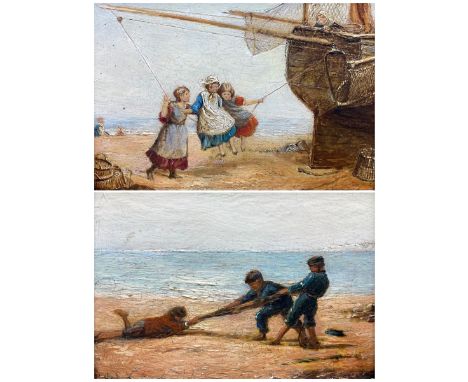 English School (Mid 19th century): Sailor Boys Playing Tug-of-War on the Beach and Girls Swinging, pair oils on panel unsigne