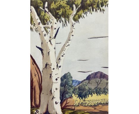 Basil [Basel] Rantji (Australian Aboriginal 1936-1999): Ghost Gum Tree in the MacDonnell Ranges, watercolour signed 36cm x 25