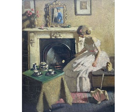 Sydney Noel (Noël) Simmons (British 1880-1916): An Interior Scene with Girl Toasting Bread by the Fire with Self Portrait of 