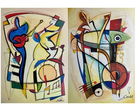 Alfred Gockel (German 1952-): 'Blowin the Blues' and 'Heart Full of Blues', two limited edition giclee prints on canvas 76cm 