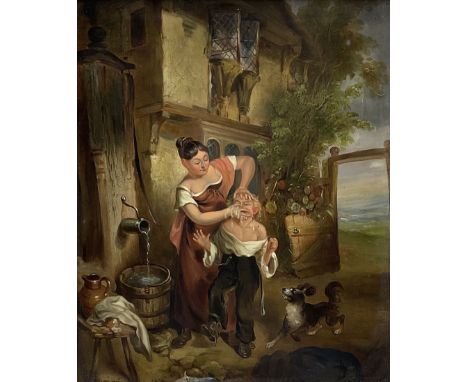 William Collins (British 1788-1847): A Morning Wake-up, oil on panel unsigned, labelled verso 29cm x 24cm