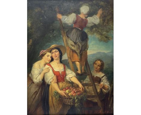 Alexandre Markelbach (Belgian 1824-1906): 'La Raccolta Delle Mele' - The Apple Harvest, oil on panel signed 52cm x 39cm