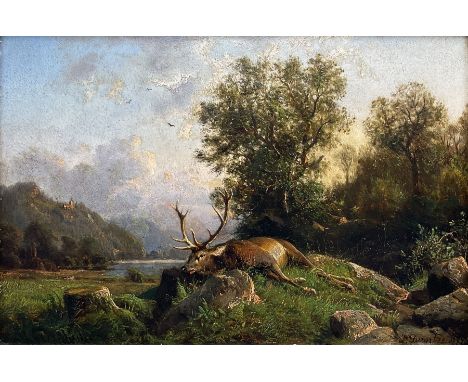 Johannes Bertholom�us Duntze (German 1823-1895): 'Landscape with Stag', oil on panel signed and dated 1877, titled and inscri