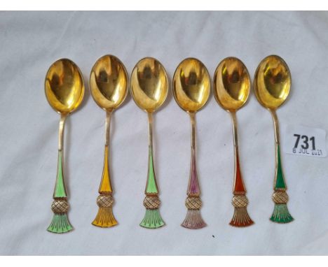 A set of six silver gilt and enamel Norwegian sterling silver spoons - 130 g.