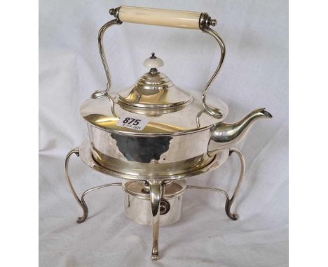 A circular kettle on stand with lamp, 9" wide, Sheffield 1928, SH Ltd 1275gms.