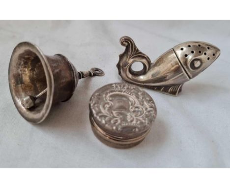 A pepper in the form of a fish a small table bell (eastern) and a patch box 