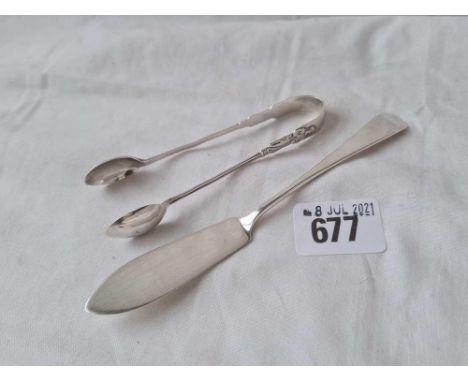 A pair of apostle sugar tongs - Birmingham 1911 and a plain butter knife - 31 g.