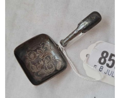 A Georgian caddy spoon with engraved oblong bowl B'ham 1811 by JW 