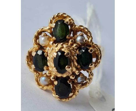 A very large 14ct gold tourmaline and pearl dress ring size O 8.3g inc