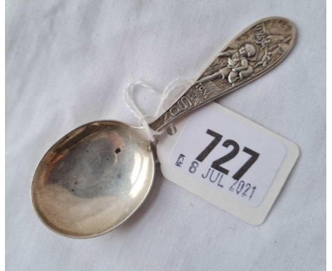 A caddy spoon the handle cast with Tom the Pipers son by WHC
