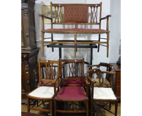 An Edwardian mahogany three-piece Parlour Suite, the mahogany and inlaid framed Parlour Sofa with pierced decoration to the b