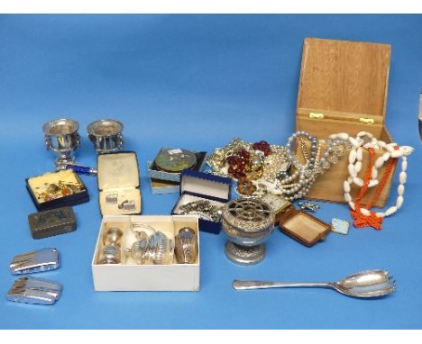 A quantity of Costume Jewellery and Silver Plate, including flatware, entree dish, cruets, necklaces, brooches, etc. (a lot)