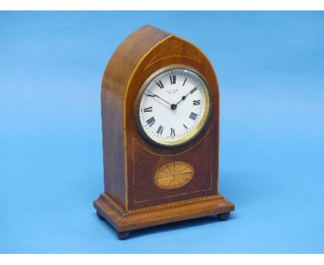 An Edwardian Gothic Arch mahogany and inlaid Mantel Clock, with French brass 8-day movement signed R.&amp; Co., Made in Paris