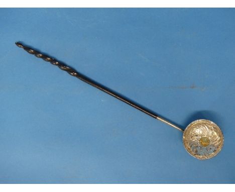 A Georgian silver Toddy Ladle, the centre inset with a George I gold quarter guinea, dated 1718, with twisted  whalebone hand