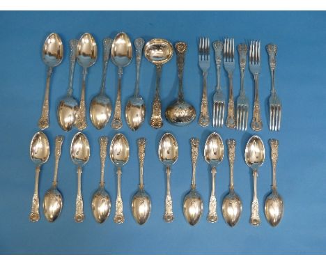 A quantity of silver plated Kings pattern Flatware, including six forks, six dessert forks, twelve dessert spoons, six servin