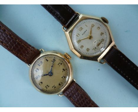 Two 9ct gold lady's Wristwatches, on leather straps, contained in a vintage Rotary watch box.