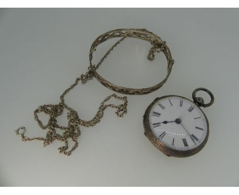 A silver 'Celtic' style hinged Bangle, together with a silver chain, approx total weight 22g, and a small silver cased fob wa