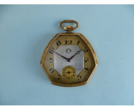 A continental 18ct gold Art Deco Pocket Watch, of hexagonal form, with part-gilded dial signed 'Dollar', black Arabic numeral